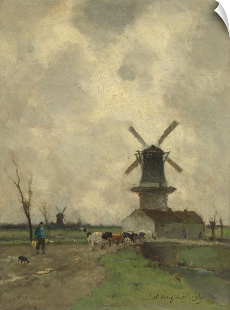 A Windmill, by Johan Hendrik Weissenbruch, c. 1870-1903, Dutch painting, oil on panel. Farmer with a yoke on the shoulders...
