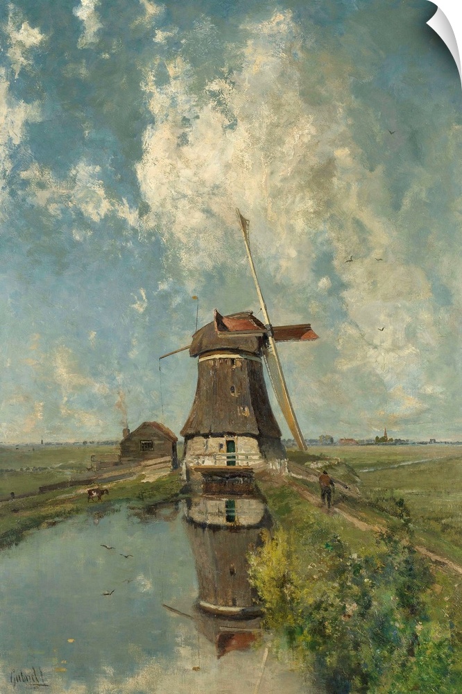 A Windmill on a Polder Waterway, known as "In the Month of July", by Paul Gabriel, c. 1889, Dutch painting, oil on canvas....