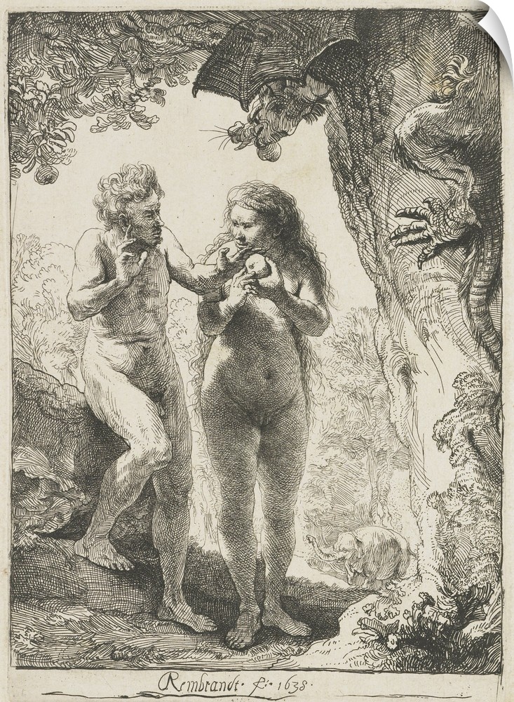 Adam and Eve, by Rembrandt van Rijn, 1638, Dutch print, etching on paper. Adam and Eve at the moment of their temptation a...