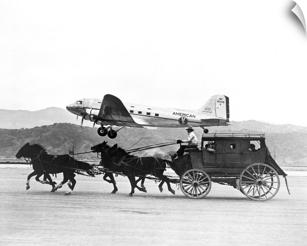 American Airlines DC-3 flying past horse drawn stagecoach. The photo was featured in an American Airlines magazine adverti...