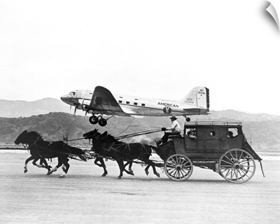 American Airlines DC-3 flying past horse drawn stagecoach