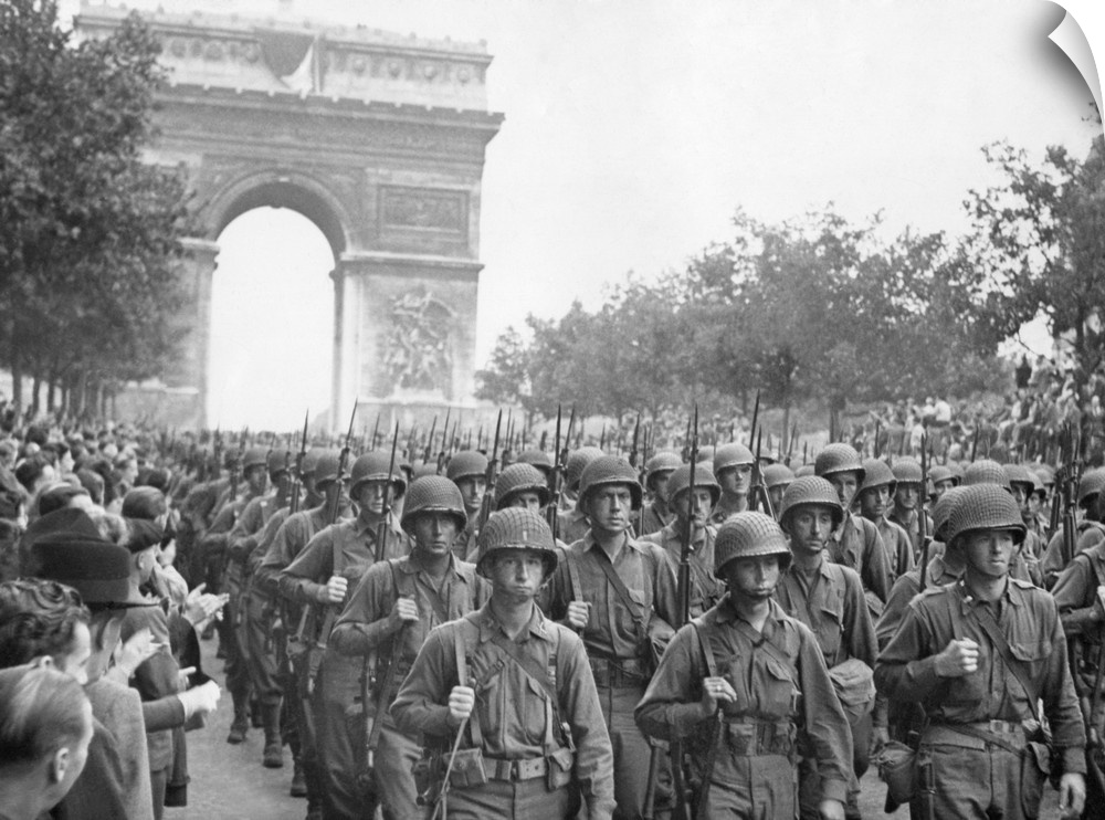 American troops marched down the Champs Elysees to the cheers of Parisians. August 25, 1944, World War 2. They are fully e...