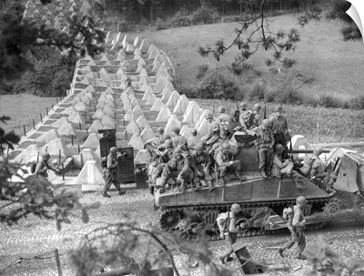 Americans on 'tank dozer' near Roetgen, Germany, on Sept. 28, 1944