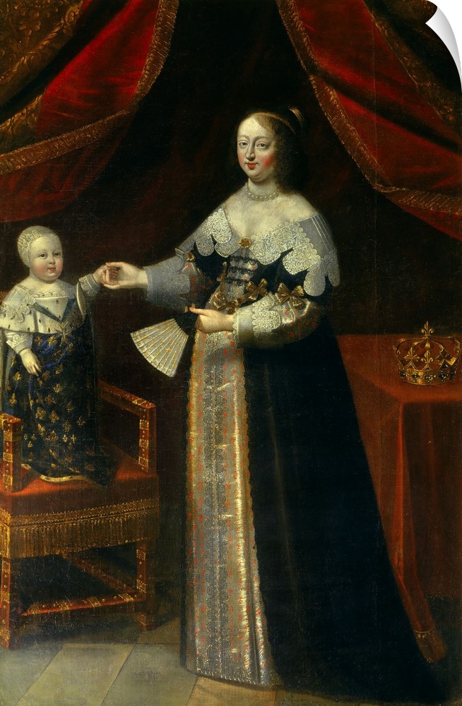 French School. Full length Portrait of Anne of Austria, Queen of France, with Louis XIV as a Child. Cambord, musee du Chat...