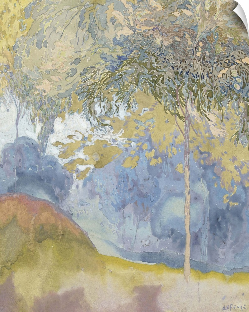 Arboreal Landscape, by Georges de Feure, 1890-1930, French art, watercolor painting. Stylized intimate landscape with tree...