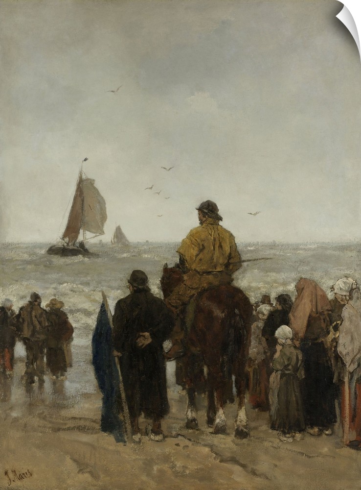 Arrival of the Boats, by Jacob Maris, 1884, Dutch painting, oil on canvas. At Scheveningen, beach at The Hague, the horse ...