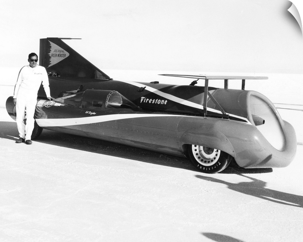 Art Arfons on the Bonneville Salt Flats with his 'Green Monster' jet car. He would set three world land speed records betw...