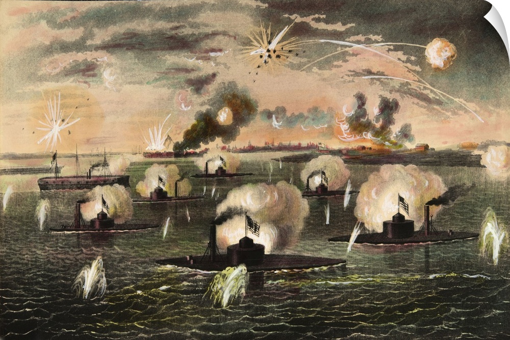 Engraving. Attack of Ironclads during American Civil War. Private Collection. c416, Gravure, Attaque de batteries flottant...
