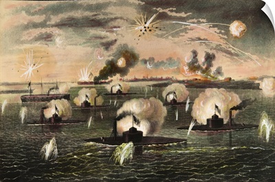 Attack of Ironclads during American Civil War, 1865, Color Engraving