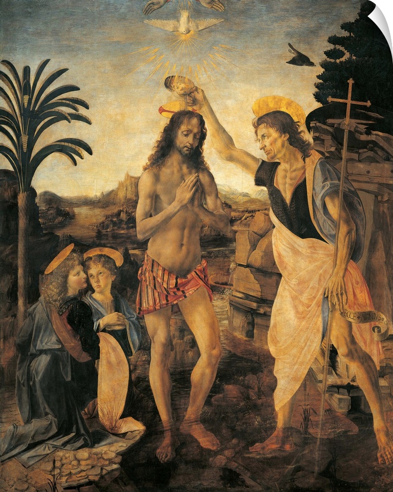 The Baptism of Christ, by Andrea Verrocchio, Leonardo da Vinci, 1475 - 1478, 15th Century, oil and tempera on panel, cm 17...