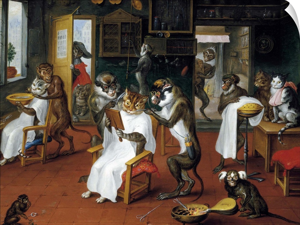 Barber's Shop With Monkeys And Cats