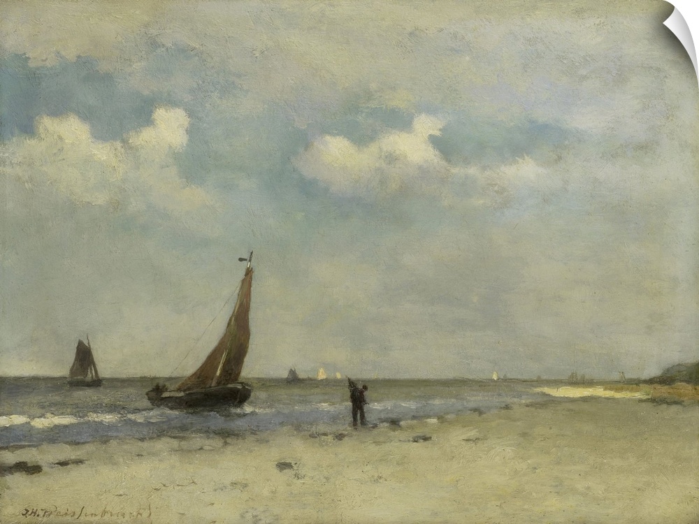 Beach Scene, by Johan Hendrik Weissenbruch, c. 1870-1903, Dutch painting, oil on panel. Small fishing boats on the water, ...