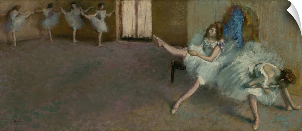 Before the Ballet, by Edgar Degas, 1890-92. French impressionist painting, oil on canvas. Degas employs a non-traditional ...