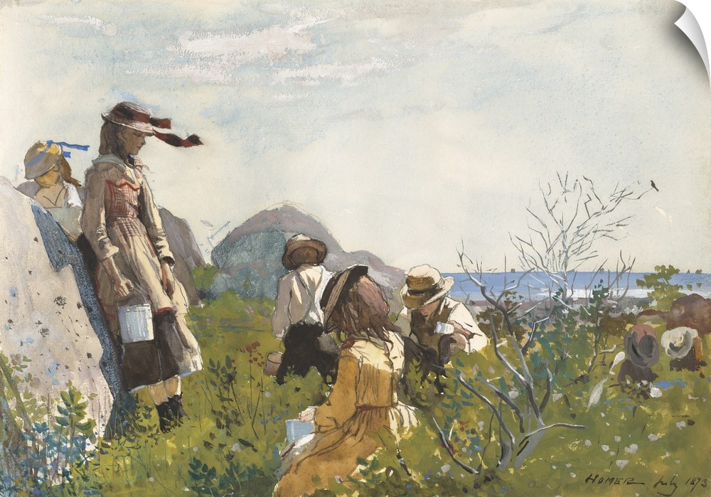 Berry Pickers, by Winslow Homer, 1873, American painting, watercolor on paper. Seven children with metal pails pick berrie...