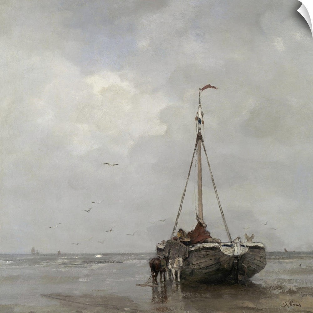 Bluff-bowed Fishing Boat on the Beach at Scheveningen, by Jacob Maris, c. 1885, Dutch oil painting. The broad bows was mor...