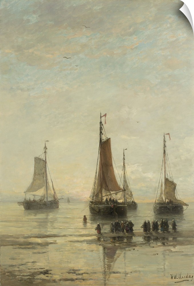 Bluff-Bowed Scheveningen Boats at Anchor, by Hendrik Willem Mesdag, 1860-89, Dutch oil painting on canvas. Fishing boats a...