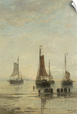 Bluff-Bowed Scheveningen Boats at Anchor, 1860-89, Dutch oil painting