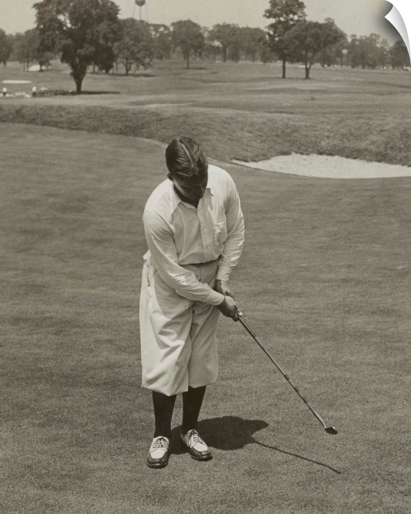 Bobby Jones, winner of 1929 National Open Golf Championship. He is sinking a putt with his famous putter, 'Calamity Jane'.