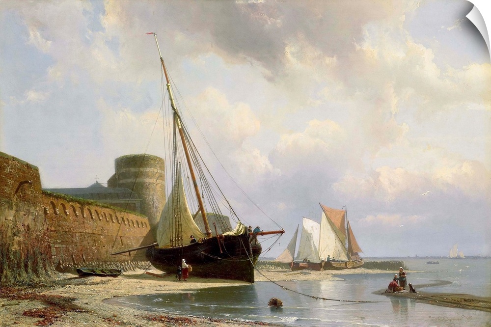 Bombproof Barracks in Flushing, by Johan Conrad Greive, c. 1860-70, Dutch painting, oil on panel. Sail boats are beached b...