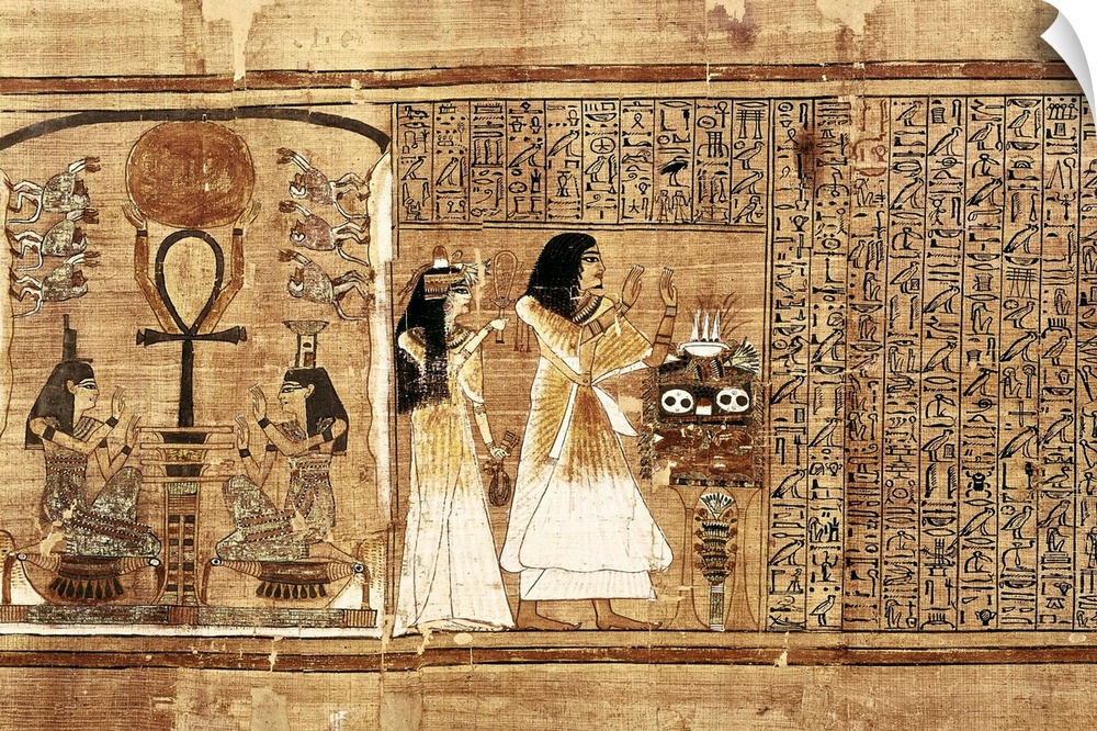 Book of the Dead or Papyrus of Any. ca. 1275 BC. 19th dynasty. From left to right: goddesses Isis and Neftis; Ani and his ...