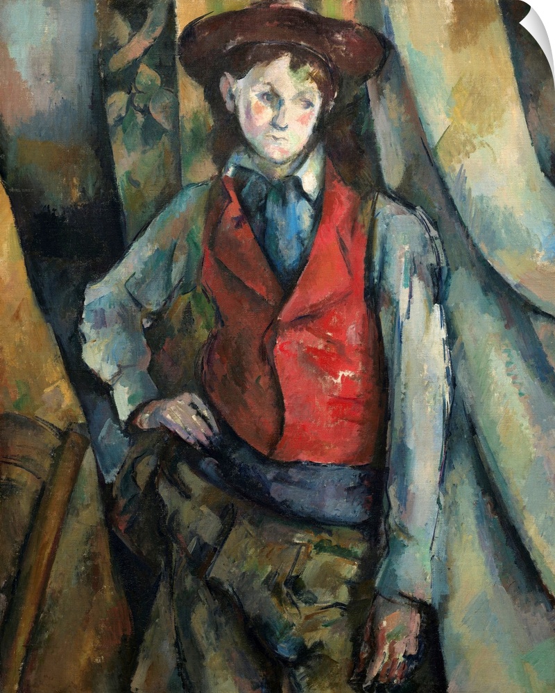 Boy in a Red Waistcoat, by Paul Cezanne, 1888-90, French Post-Impressionist painting, oil on canvas. The background is fra...