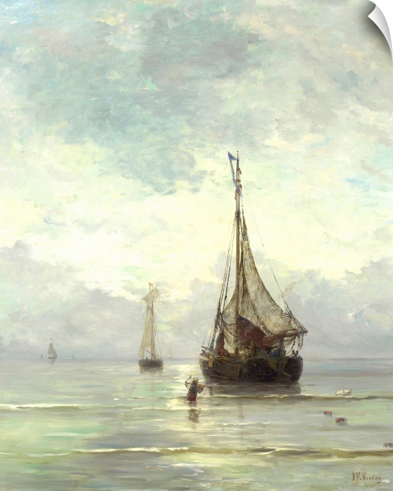 Calm Sea, by Hendrik Willem Mesdag, 1860-1900, Dutch painting, oil on canvas. Fishing boats approaching beach as a wading ...
