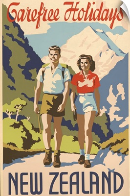 Carefree holidays New Zealand. 1930's travel poster