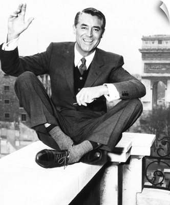 Cary Grant on the balcony of his Paris hotel room, 1956