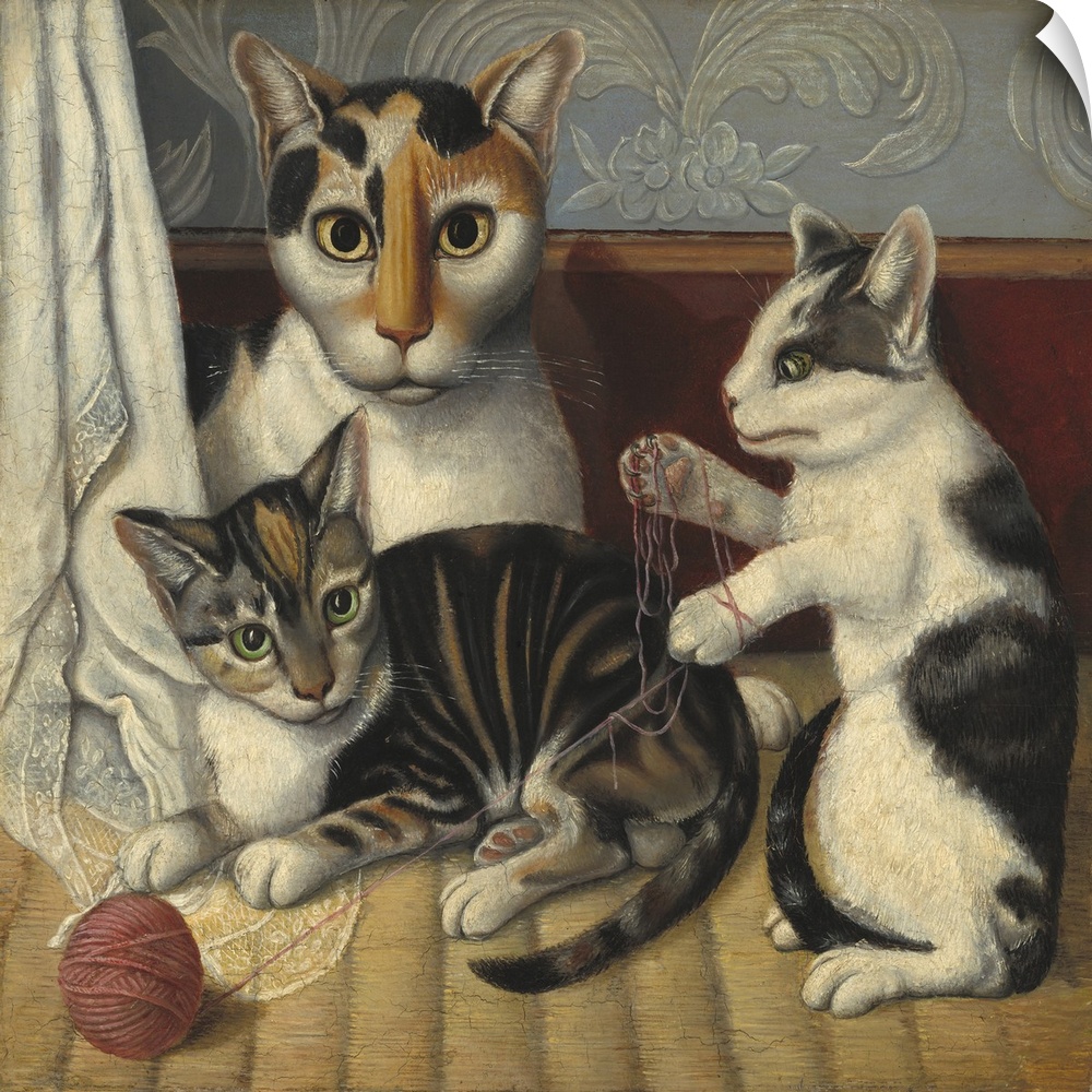 Cat and Kittens, by Anonymous, c. 1872-83, American painting, oil on millboard. Naive painting of a cat and two kittens pl...