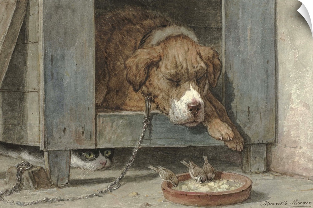 Cat Spies Birds While a Dog Sleeps, by Henriette Ronner, c. 1850-90, Belgian-Dutch watercolor painting, on paper. Humorous...
