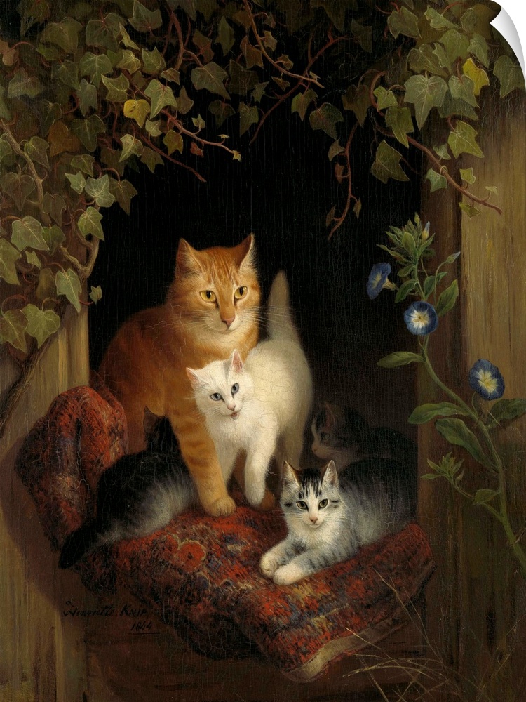 Cat with Kittens, by Henriette Ronner, c. 1844, Belgian-Dutch painting on panel. Cat with four kittens in an ivy framed wi...