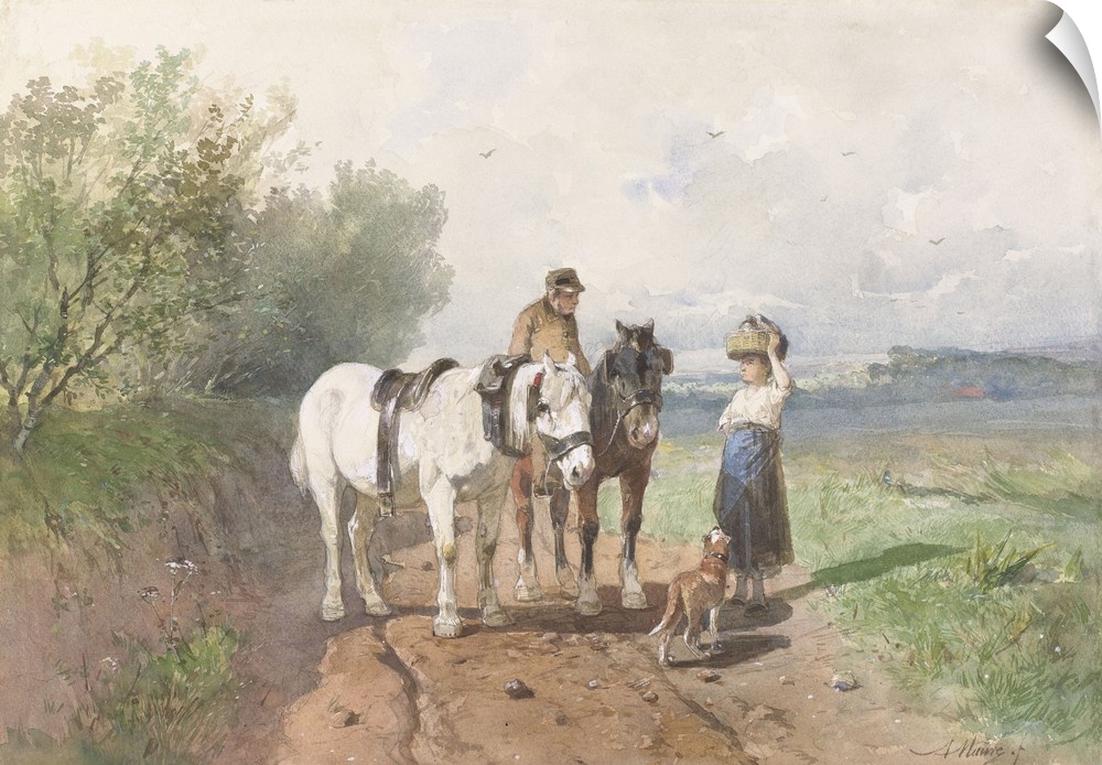 Chat on a Country Road, by Anton Mauve, c. 1860-80, Dutch watercolor painting. On a country road, a man on horseback talks...