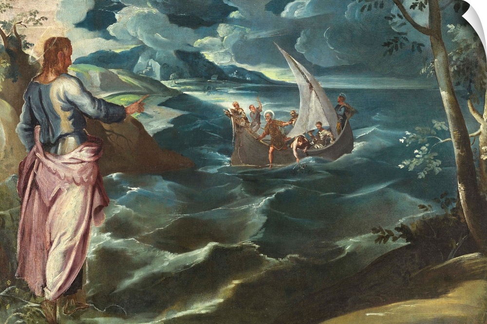 Christ at the Sea of Galilee, by Tintoretto, c. 1575-80, Italian mannerist painting, oil on canvas. The artwork depicts an...