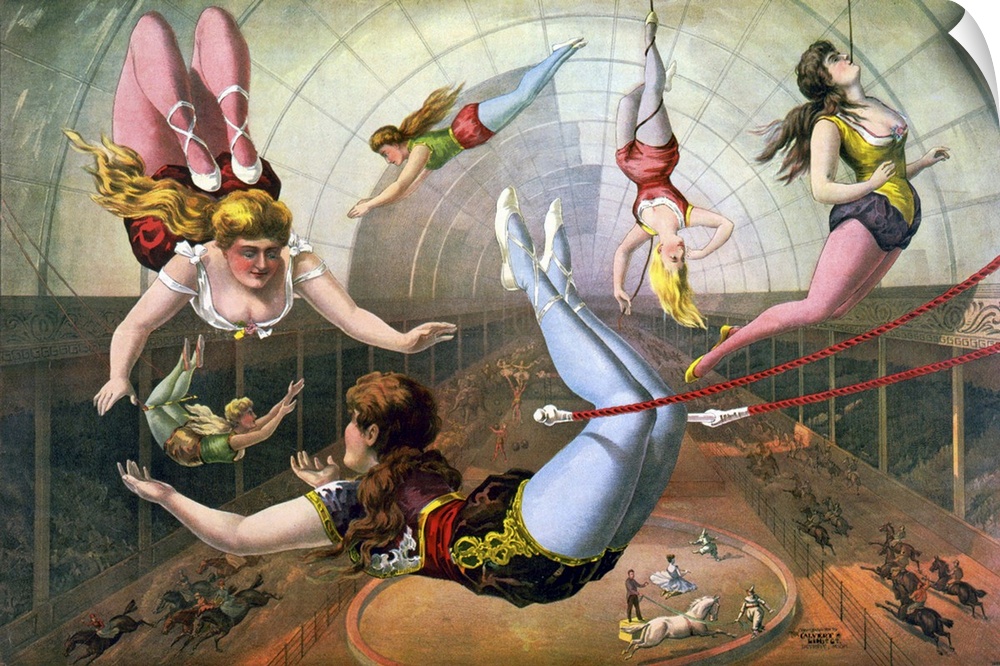 Circus poster with Female aerial acrobats on trapezes at circus, 1890.