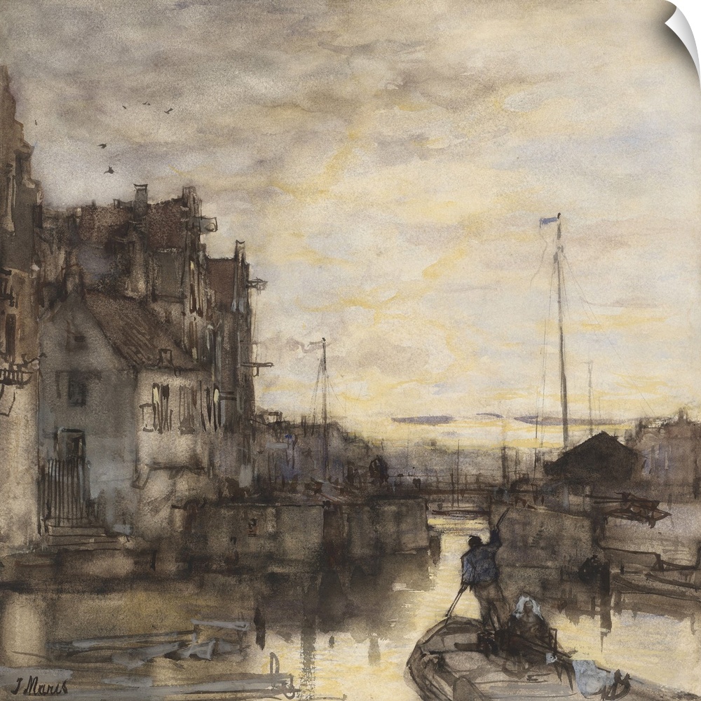 Cityscape at Night, by Jacob Maris, c. 1870-90, Dutch watercolor painting. Man propelling his boat with a pole through the...