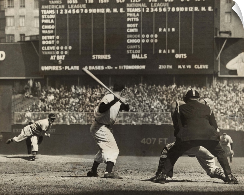 Cleveland Indians', Bob Feller, pitching to New York Yankees' Joe DiMaggio. April 30, 1946. Frankie Hayes was catching, an...