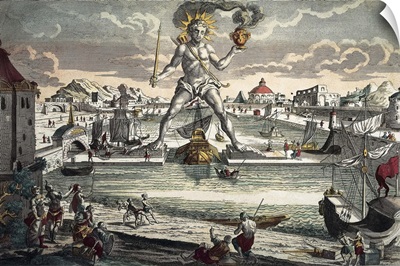 Colossus of Rhodes. Seven Wonders of the World. 17-18th c. Engraving with color