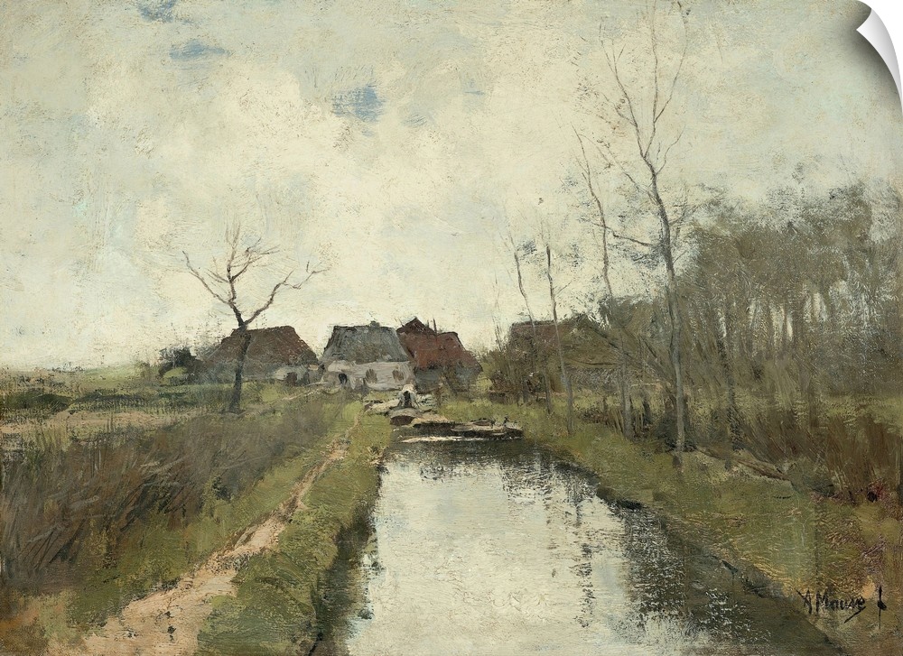 Cottages near a Ditch, by Anton Mauve, 1870-88, Dutch painting, oil on canvas. Polder landscape in the low-lying land recl...