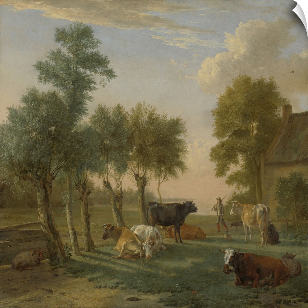 Cows in a Meadow near a Farm, by Paulus Potter, 1653, Dutch painting, oil on canvas. The long shadows indicate a low sun, ...