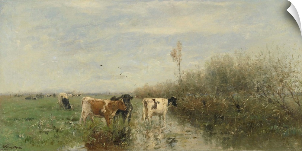 Cows in a Soggy Meadow, by Willem Maris, c. 1860-1900, Dutch painting, oil on panel. Landscape with grazing cows in a mars...