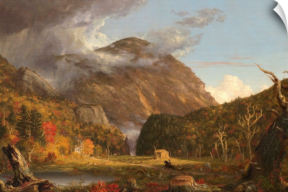 Crawford Notch, by Thomas Cole, 1839, American painting, oil on canvas. In an idyllic autumnal setting is a homestead, peo...