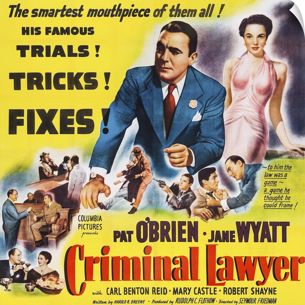 CRIMINAL LAWYER, US poster art, Pat O'Brien (center), Jane Wyatt (top right), 1951