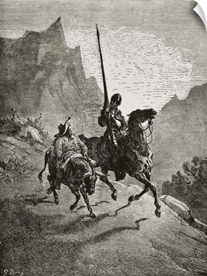 Don Quixote with Sancho Panza. 1863. Illustration of Cervantes book by Paul Gustave Dore