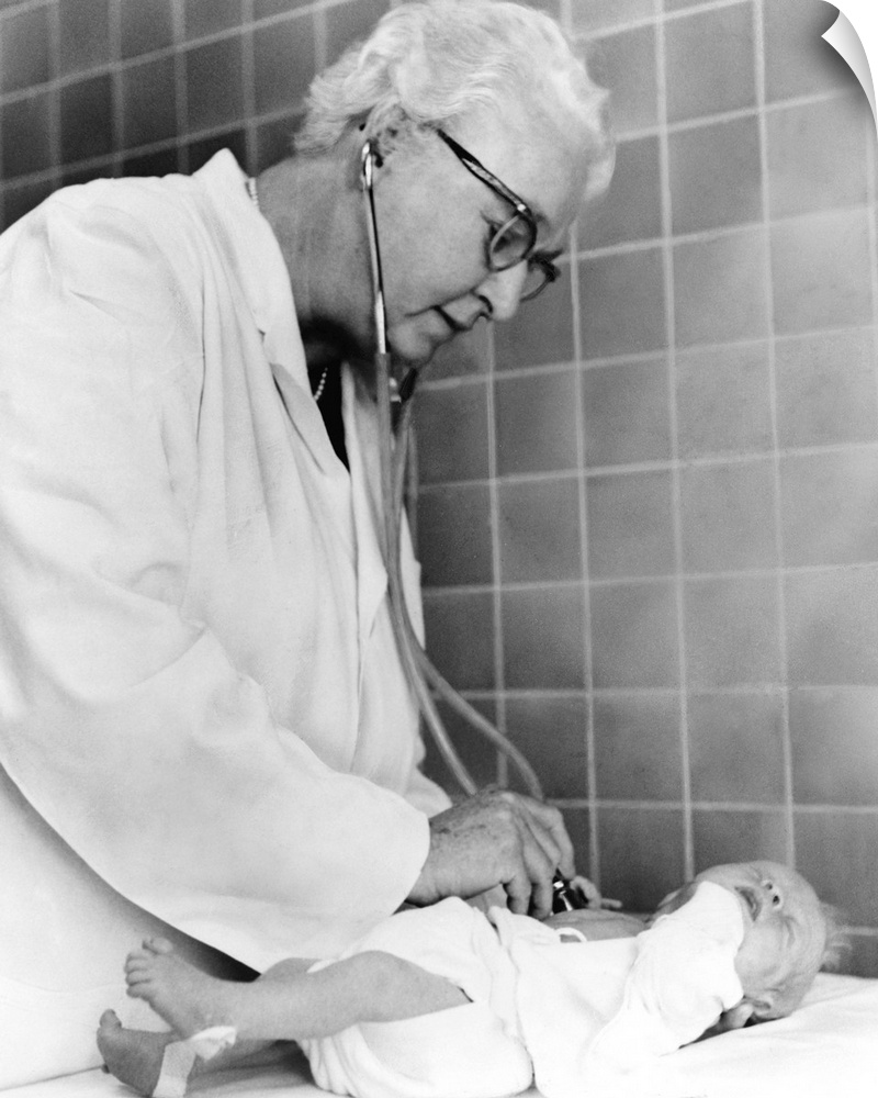 Dr. Virginia Apgar examining a newborn baby with stethoscope, Oct. 2, 1966. She introduced the 'Apgar Score,' a way to qui...