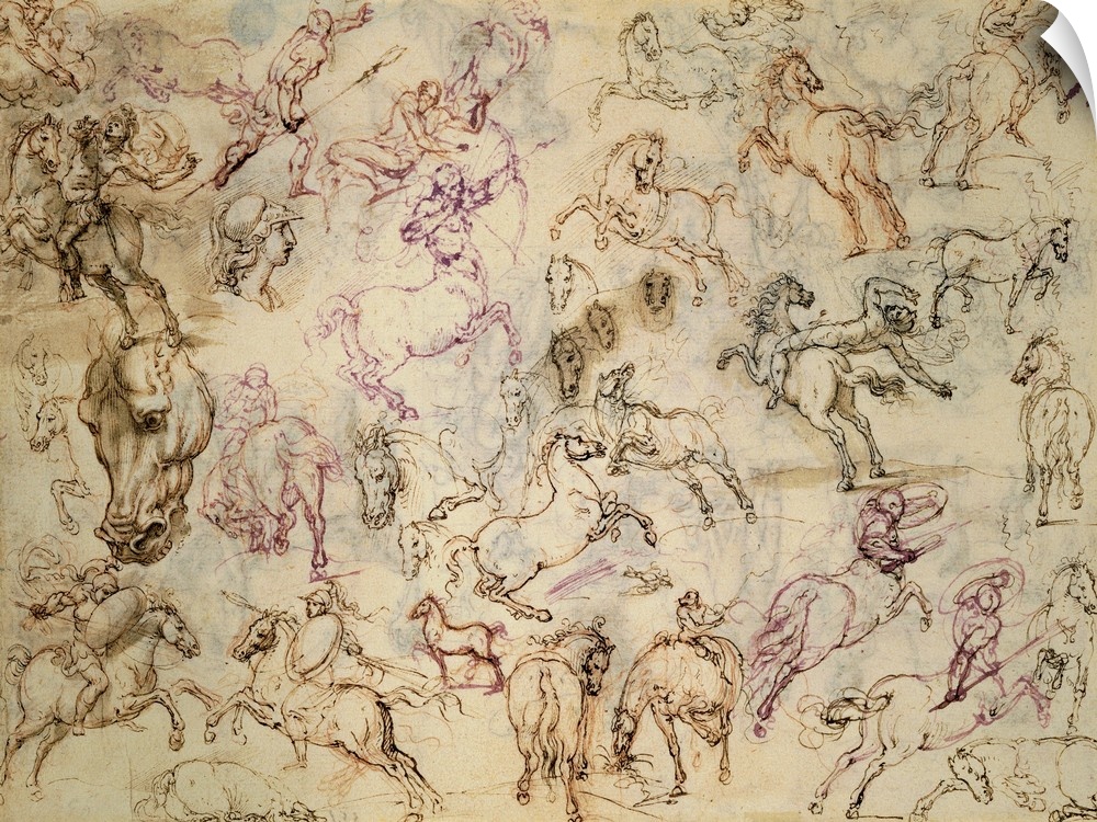 Figino Giovanni Ambrogio, Various studies of figures, 1586, 16th Century, red pencil, blue and brown ink, watercolour, Ita...