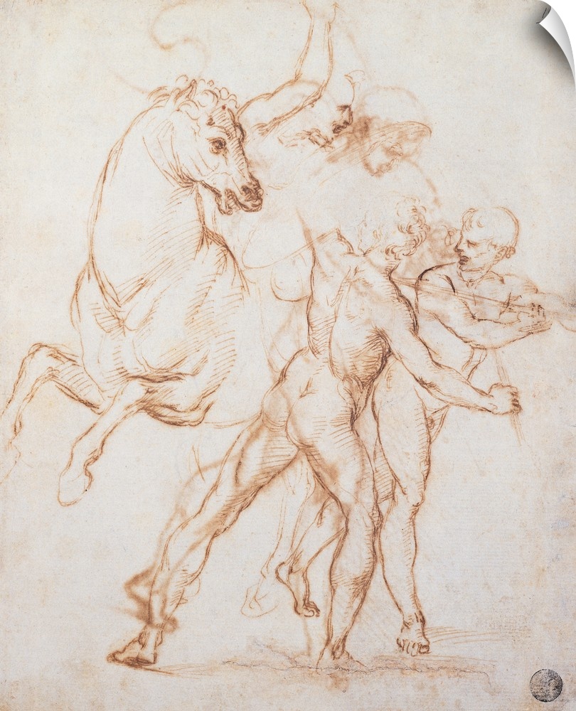 Sanzio Raffaello, A Warrior Riding a Horse and Fighting against Two Nude Standing Figures, 1505, 16th Century, pen and bro...
