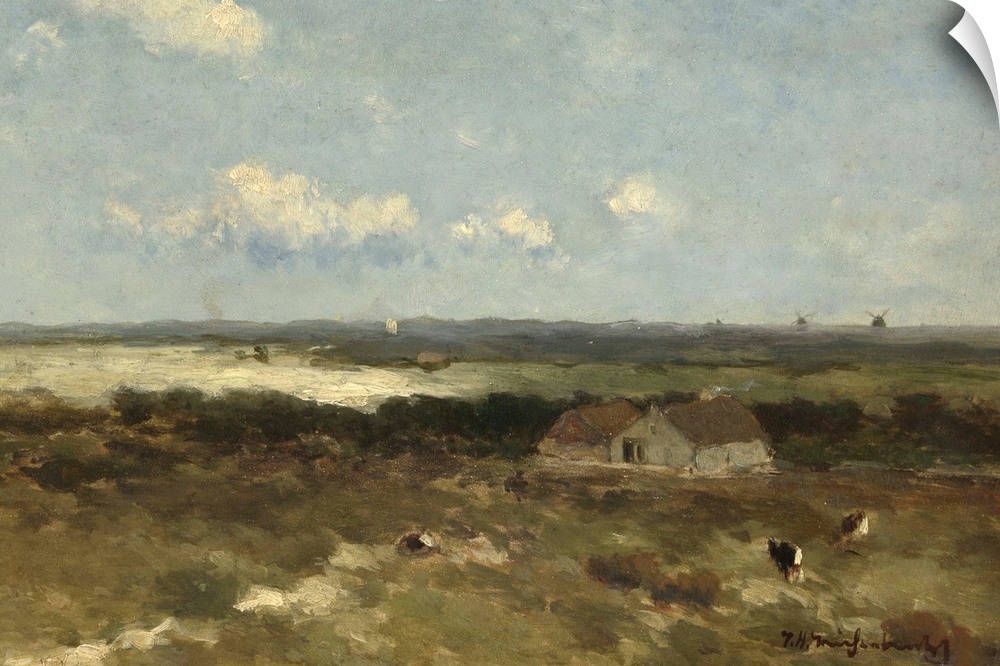 Dune landscape, Johan Hendrik Weissenbruch, 1870-96, Dutch painting, oil on panel. Coastal farm house and cattle with wind...