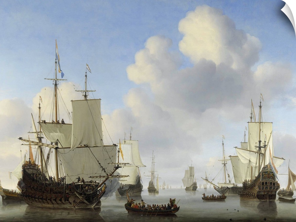 Dutch Ships in a Calm, by Willem van de Velde (II), c. 1665, Dutch painting, oil on canvas. In center, a sloop with trumpe...