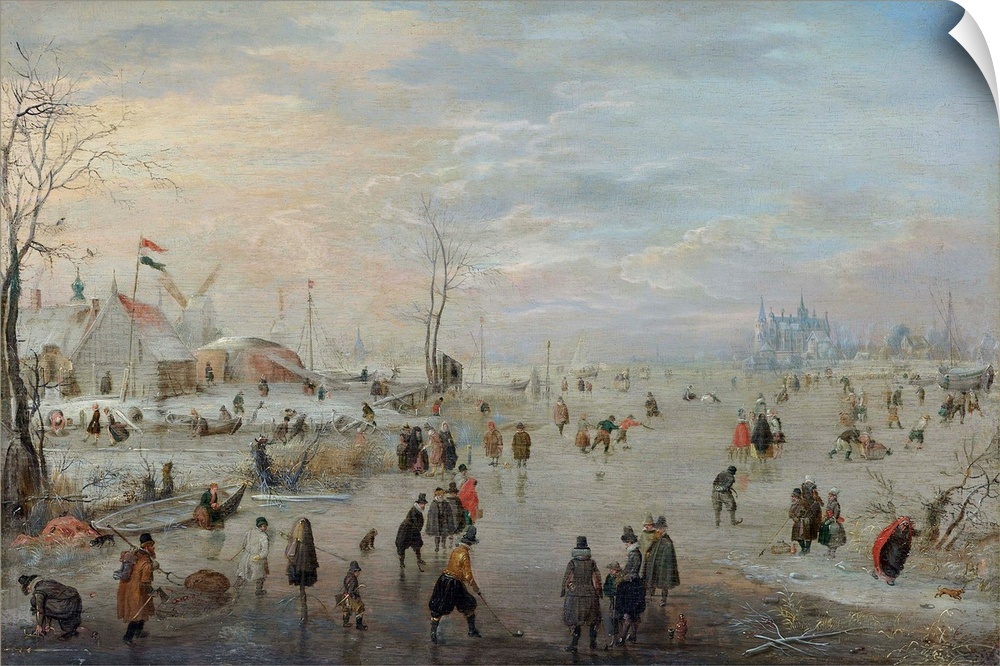 Enjoying the Ice, by Hendrick Avercamp, c. 1615-20, Dutch painting, oil on panel. Dutch Golden Age scene with men in foreg...