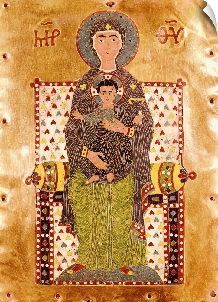 Plaque depicting an enthroned Virgin Mary (Theotocos Virgin). 10th c. Made of enamel and gold in Byzantium. Byzantine art....